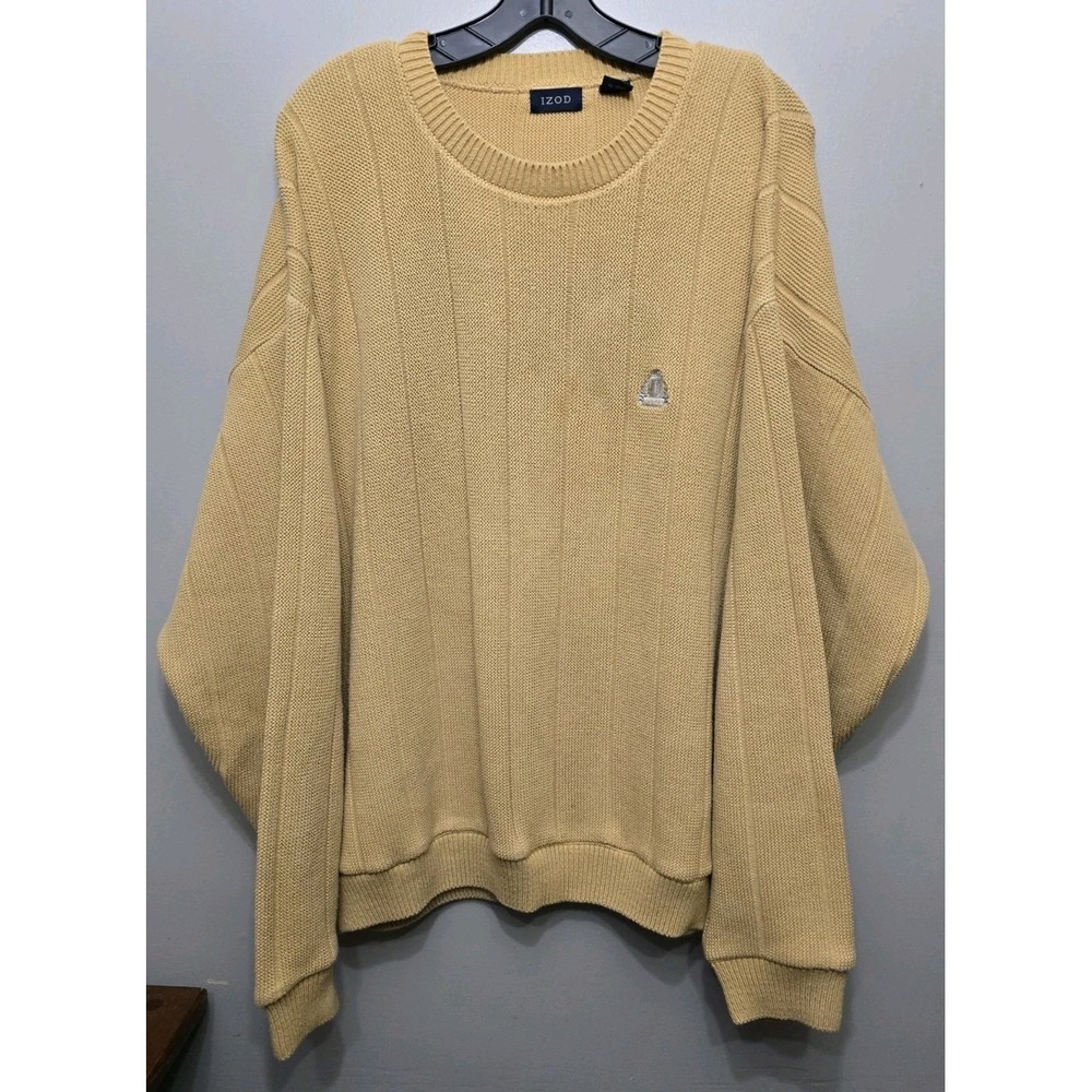 IZOD Mens Yellow Cotton Ribbed Knit Crewneck Sweater Crest Logo Size L